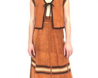 Vintage 70s brown suede two piece boho vest and skirt outfit