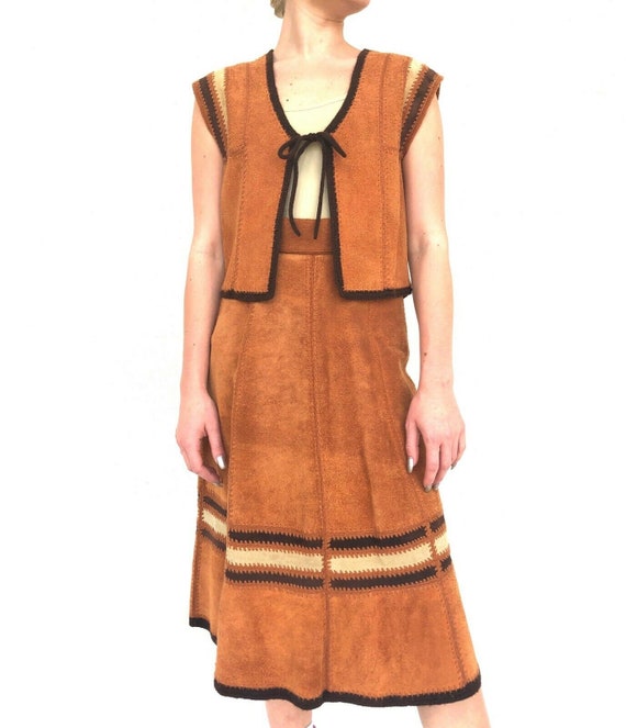 Vintage 70s brown suede two piece boho vest and sk