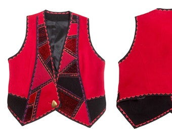 Vtg Vintage 1980s 80s Artist Made Red Wool Funky Southwestern Embroidered Vest