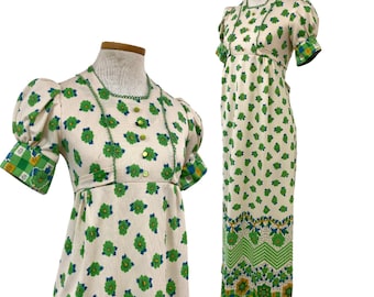 Vtg Vintage 1970s 70s Novelty Kitschy Floral Puff Sleeve Bibbed Maxi Dress