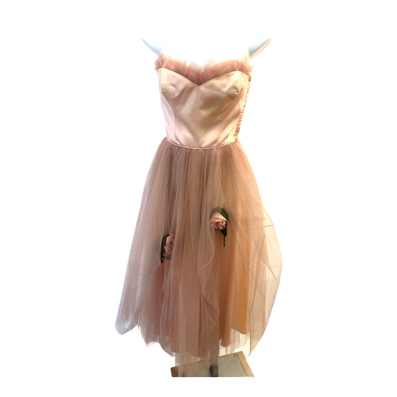 Vintage VTG 1950s 50s Pink Satin Tulle Cupcake Floral Shelf Bust Dress image 1