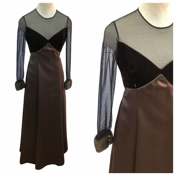 Vintage VTG 1990s 90s Brown Velvet Dress Gown with