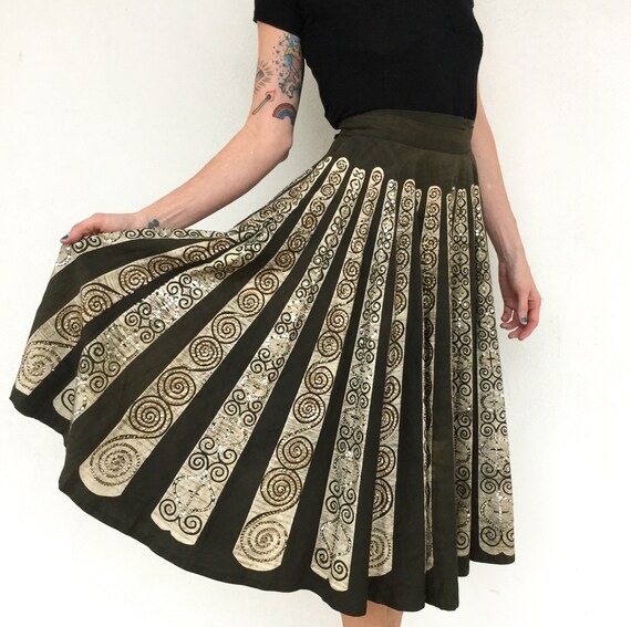 Gorgeous 1940's Mexican Olive Full Circle Skirt wi