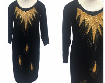 Vintage VTG 1970s 70s Black Velvet Gold Sequin Ao Dai Dress