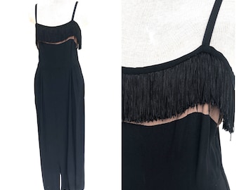 Vintage VTG 1920s 20s Black Fringe Crepe Maxi Sleeveless Dress