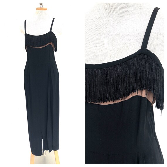Vintage VTG 1920s 20s Black Fringe Crepe Maxi Slee