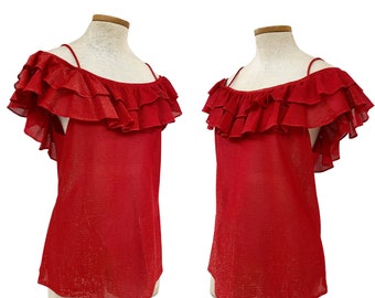 Vtg Vintage 1970s 70s Italian Designer Metallic Red Cold Shoulder Disco Era Top