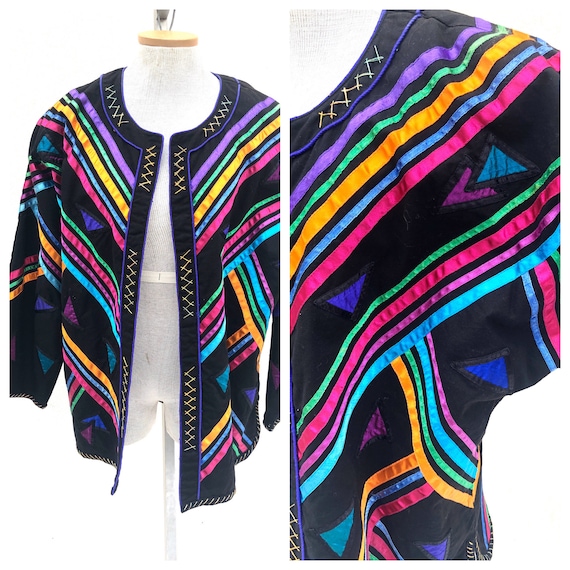 Vintage VTG 1980s 80s Black Ribbon Multicolored O… - image 1