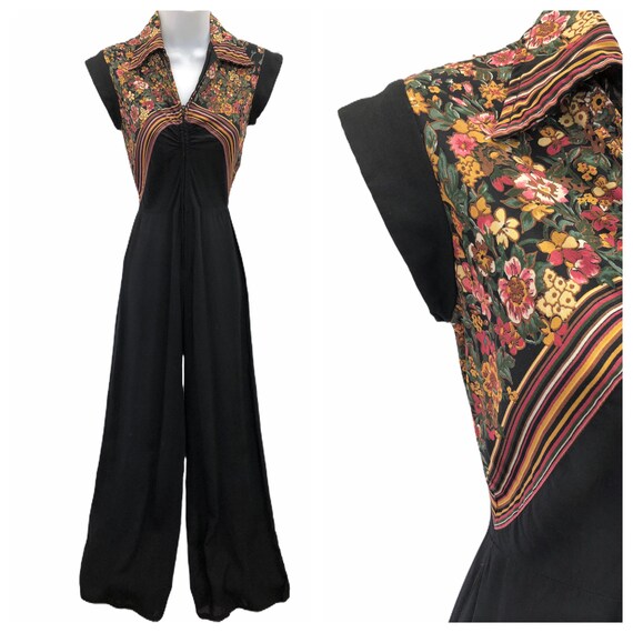 Vintage VTG 1970s 70s Black Floral Disco Jumpsuit