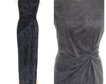Vintage VTG 1990s 90s Designer Calvin Klein Black Silver Metallic Party Gown Dress