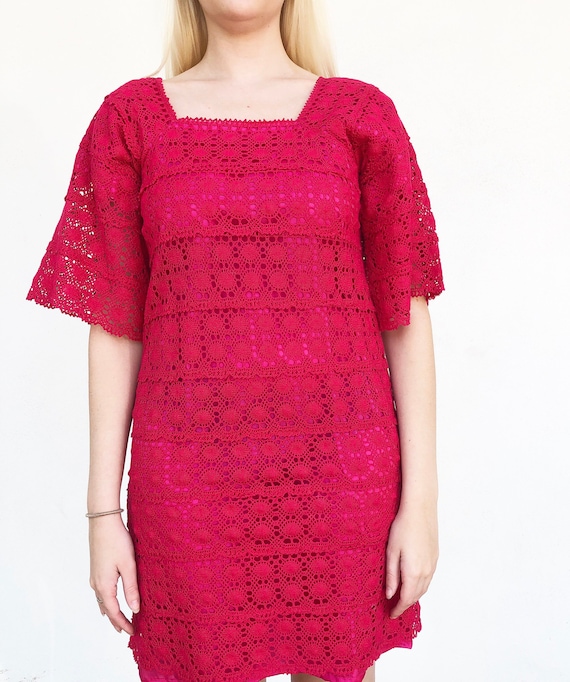 Vintage VTG 1970s 70s Hot Pink Boho Bohemian Croch