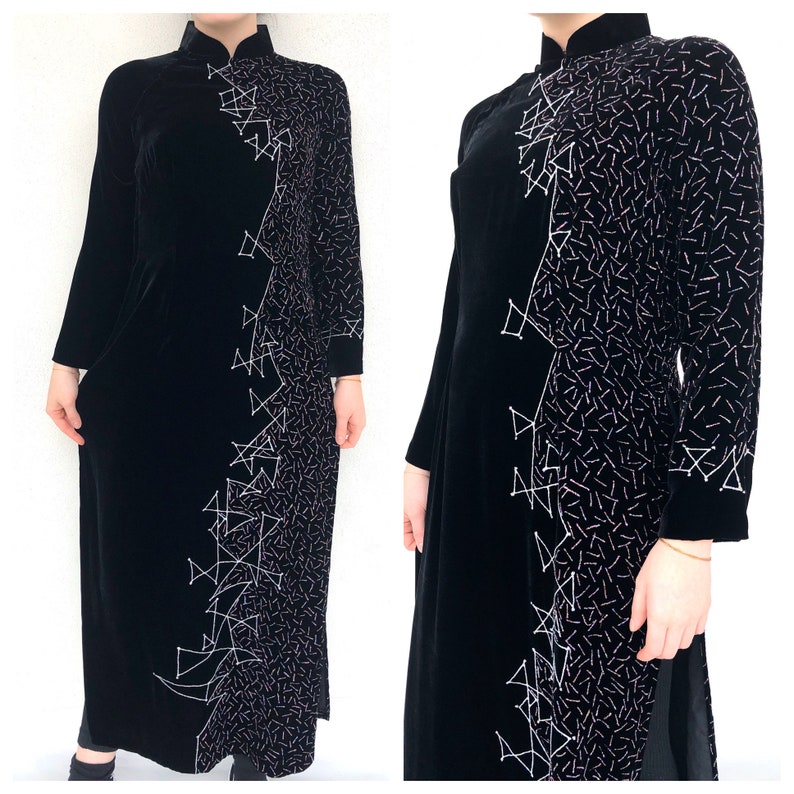 Vintage VTG 1990s 90s Black Velvet Glitter Vietnamese Ao Dai Maxi Dress image 1