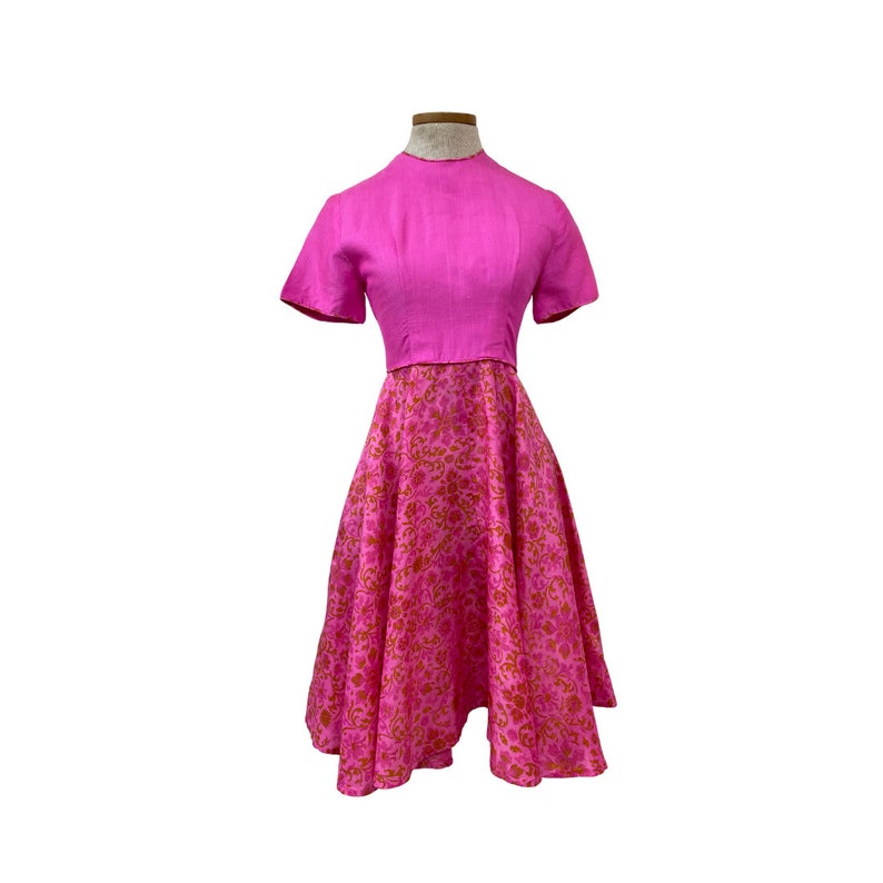 Vtg 60s Mod Dayglow Era Fluorescent Hot Pink Indian Block Print Party Dress image 3