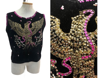 Vintage VTG 1940s 40s Black Velvet Sequin Embellished Costume Top