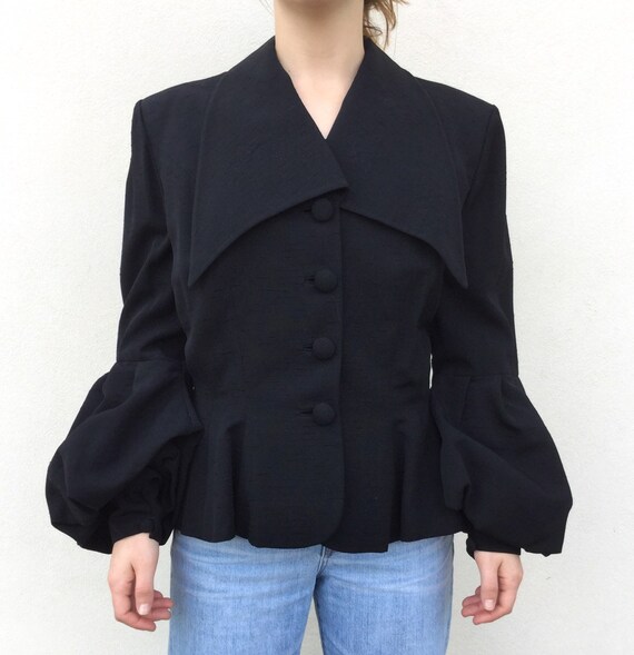 Designer Lilli Ann 1950s black puff sleeve blouse