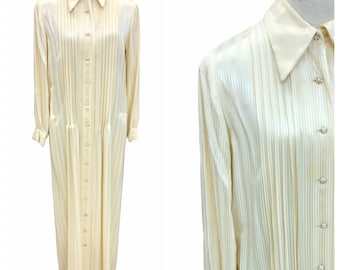 Vintage 1970s Nat Kaplan Couture Cream Striped Pleated Long Sleeve Maxi Dress