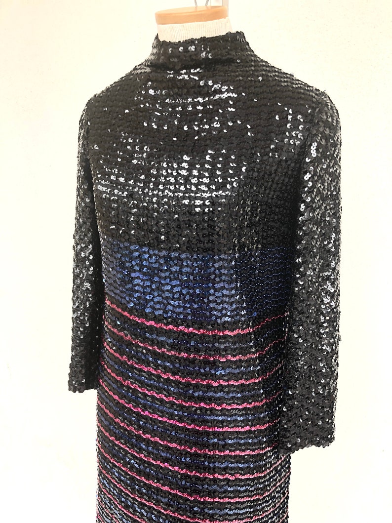 Vintage VTG 1970s 70s Johnnye Black Sequin Long Sleeve Shift Dress image 7