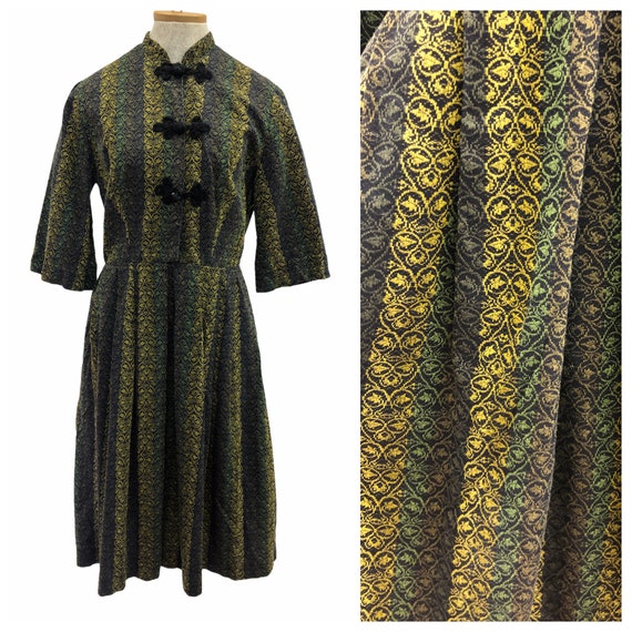 Vintage VTG 1950s 1950s Green Black Woven Dress