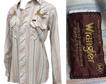 Vtg Vintage 197s 70s Wrangler Embroidered Sparrow Desert Striped Pearl Snap Top