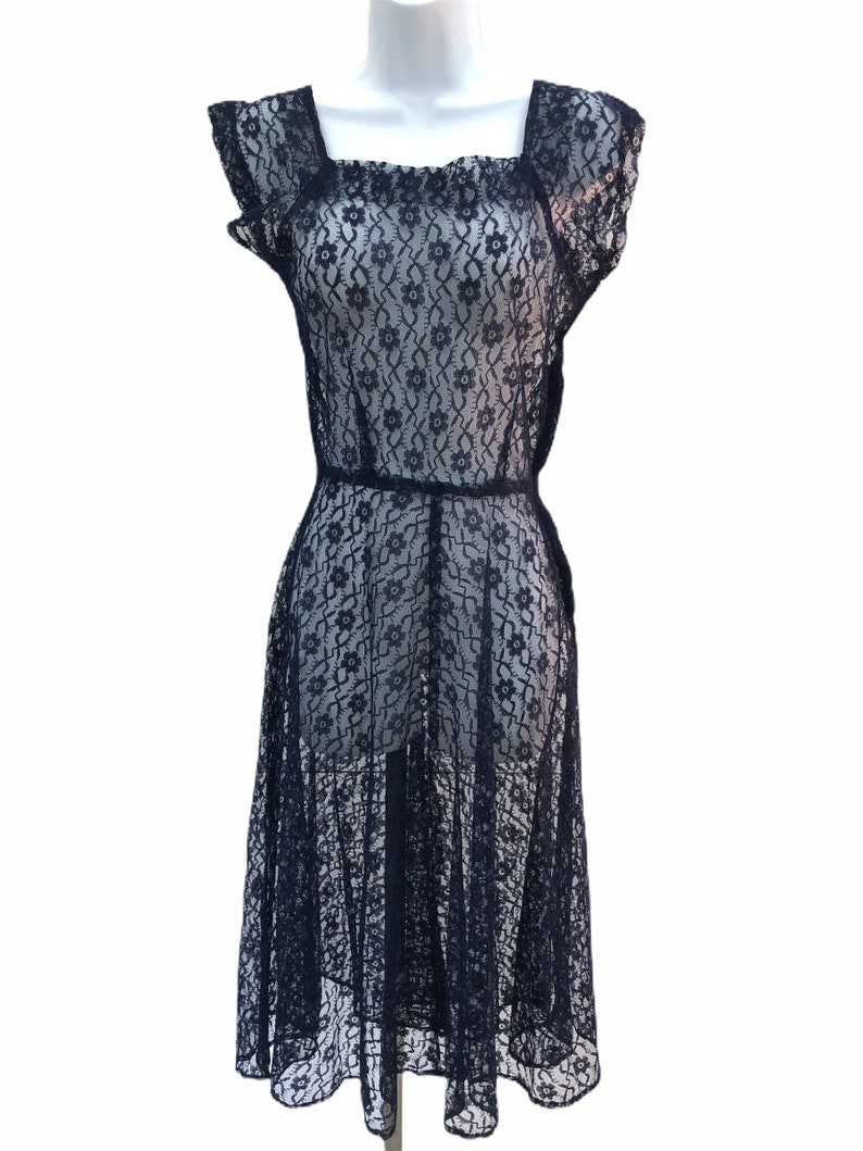 Vintage VTG 1930s 1940s Navy Lace Sheer Short Sleeve Dress image 3