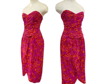 Vtg 80s 1980s Silk Bright Glam Floral Sweetheart Top Sarong Skirt Cocktail Dress