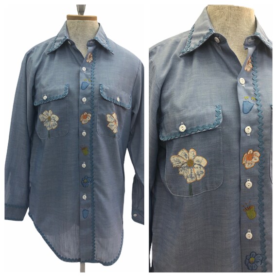Vintage VTG 1970s 70s Denim Painted Floral Button