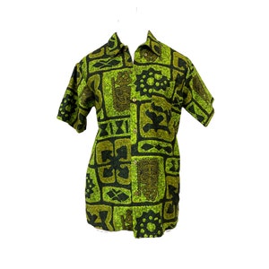 Vtg Vintage 1960s 60s Green Tiki Mask Designer Luau Honolulu Hawaiian Shirt image 4