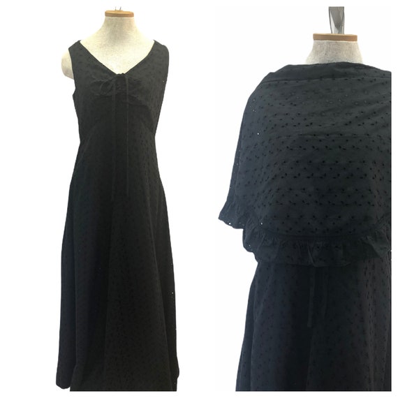 Vintage VTG 1970s 70s Black Eyelet Maxi Dress with