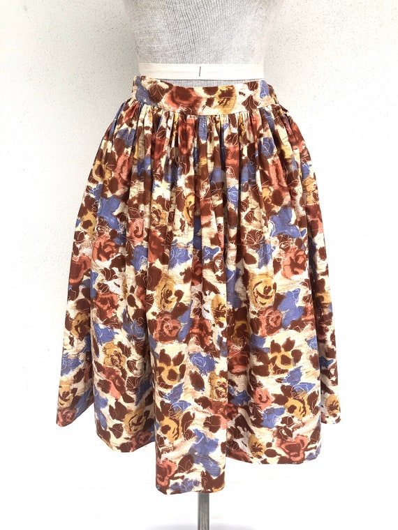 Vintage VTG 1950s 50s Floral Brown Pink Cotton Fu… - image 3