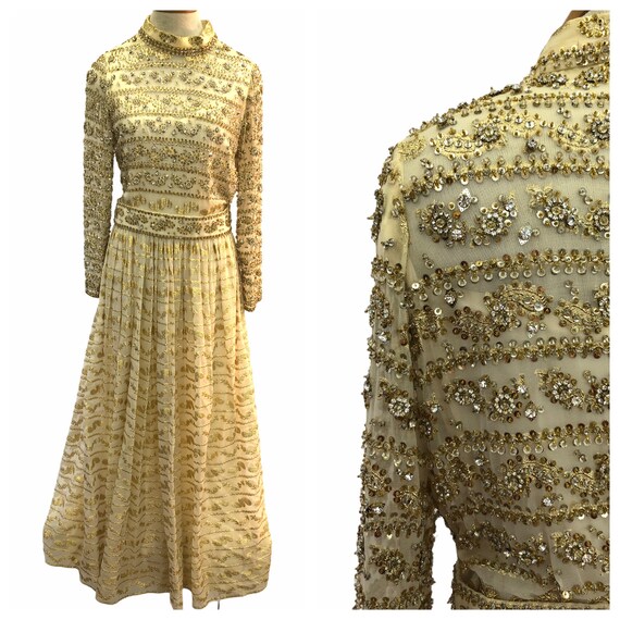 Vintage 70s Harvey Berin Beige Gold Beaded Rhinest