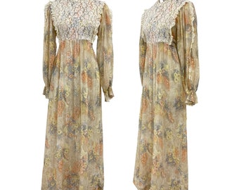 Vtg Vintage 1970s 70s Bishop Sleeve Lace Bibbed Floral Boho Cottage Maxi Dress
