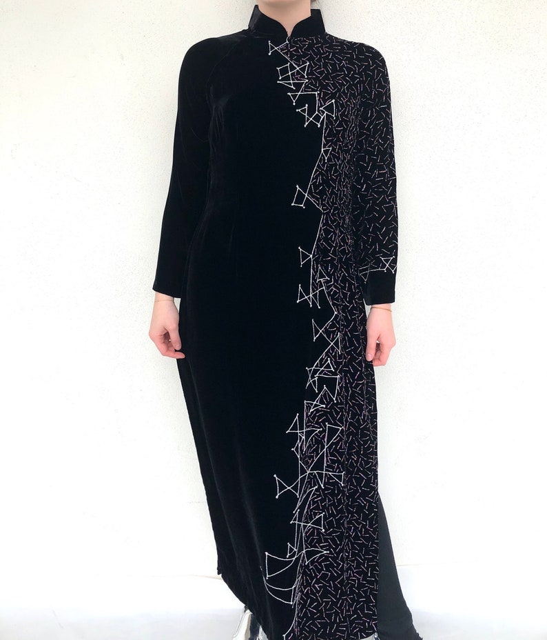 Vintage VTG 1990s 90s Black Velvet Glitter Vietnamese Ao Dai Maxi Dress image 3