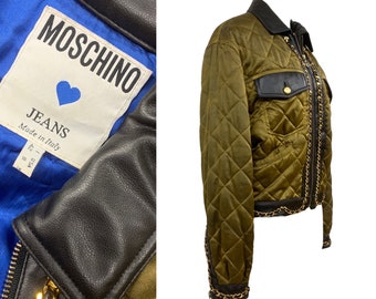Vtg Vintage 1980s 80s Designer Moschino Olive Green Silk Quilted Bomber Jacket