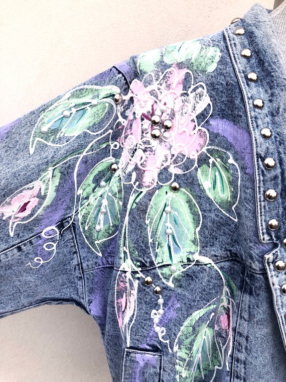 Vintage VTG 1980s 80s Acid Wash Denim Floral Pain… - image 3