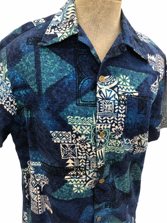 Vintage VTG 1960s 60s Blue Cotton Hawaiian Tiki B… - image 3