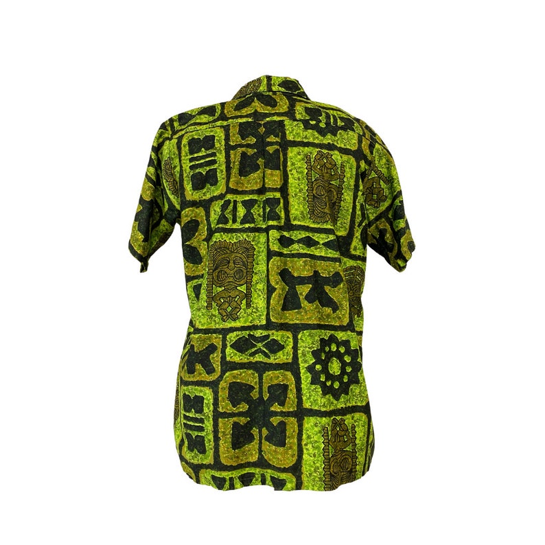 Vtg Vintage 1960s 60s Green Tiki Mask Designer Luau Honolulu Hawaiian Shirt image 3