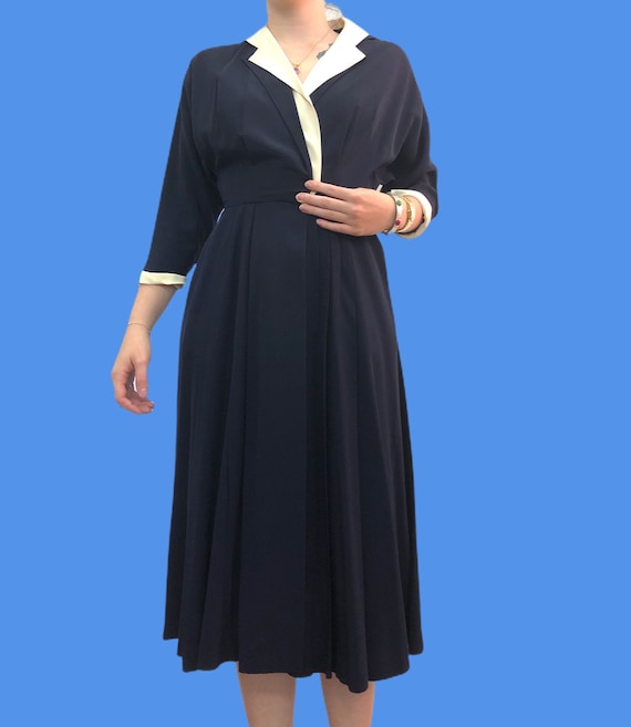Vintage VTG 1940s 40s Navy White Midi Day Dress