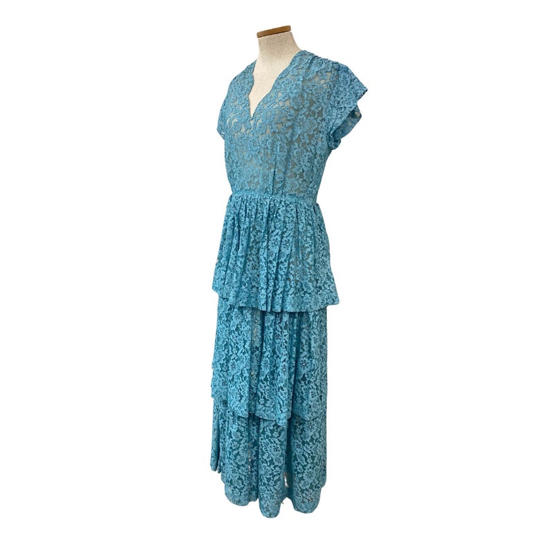 Vtg 50s 1950s Robin's Egg Blue Sheer Lace Pinup Bombshell Tiered Cupcake Dress image 2