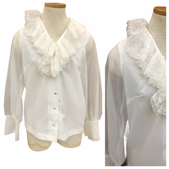 Vintage VTG 1970s 70s White Ruffle Puff Sleeve Rom