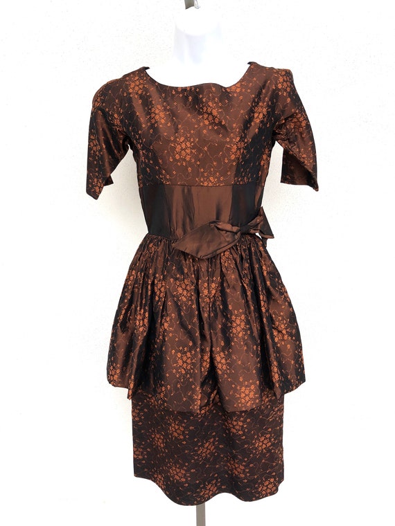 Vintage VTG 1950s 50s Brown Taffeta Peplum Party … - image 2