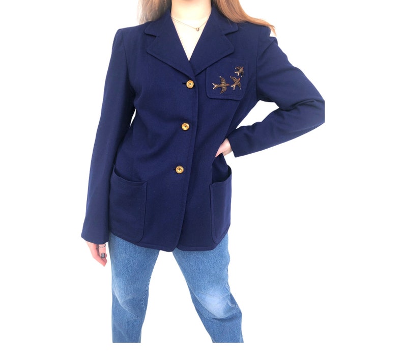 Vintage VTG 1940s 40s Navy Blue Bird Embroidered Blazer Jacket image 3