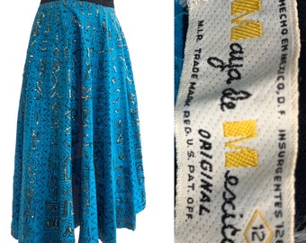 Vtg Vintage 1950s Mexican Block Print Sequin Embroidered Turquoise Circle Skirt