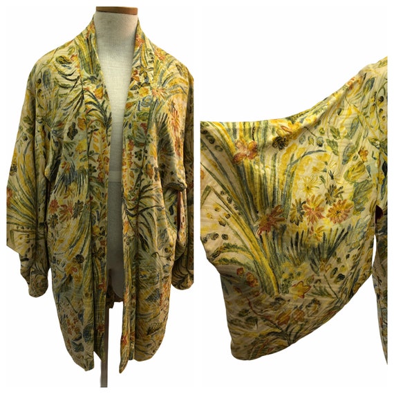Vintage VTG 1940s 40s Asian Yellow Floral Patterne