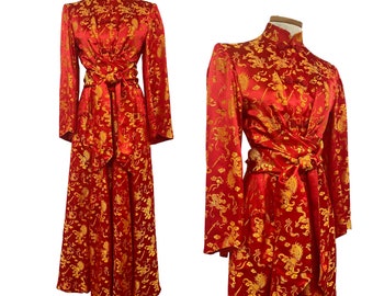 Vtg Vintage 1960s 60s Silk Red Gold Dragon Phoenix Princess Cut Evening Coat.