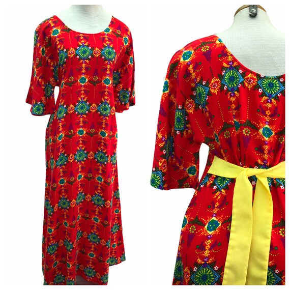 Vintage VTG 1970s 70s Red Floral Patterned Boho Ca