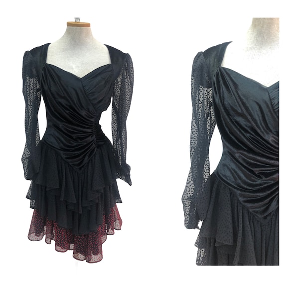 Vintage VTG 1980s 80s Black Velvet Tiered Flocked… - image 1