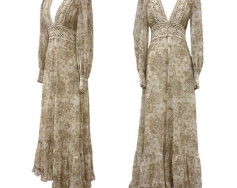 Vtg Vitnage 1970s 70s Gunne Sax Beige Floral Crochet Cottagecore Maxi Dress