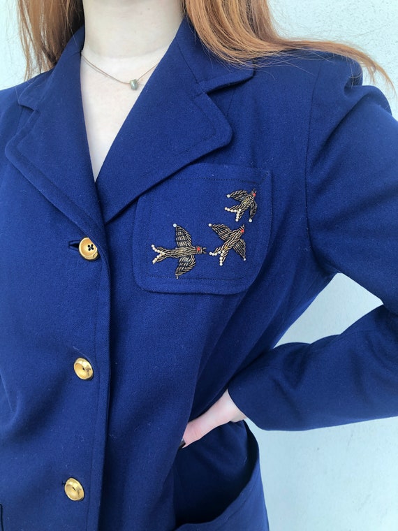 Vintage VTG 1940s 40s Navy Blue Bird Embroidered … - image 5