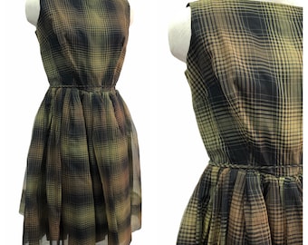 Vintage VTG 1950s 50s Green Brown Plaid Sleeveless Party Dress