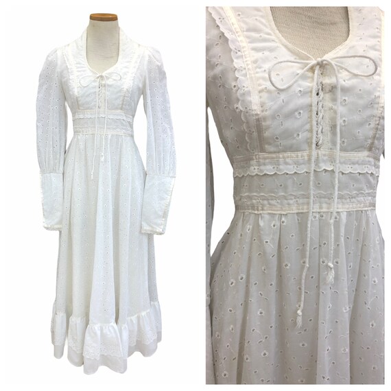 Vintage VTG 1970s Gunne Sax White Eyelet Lace Up M